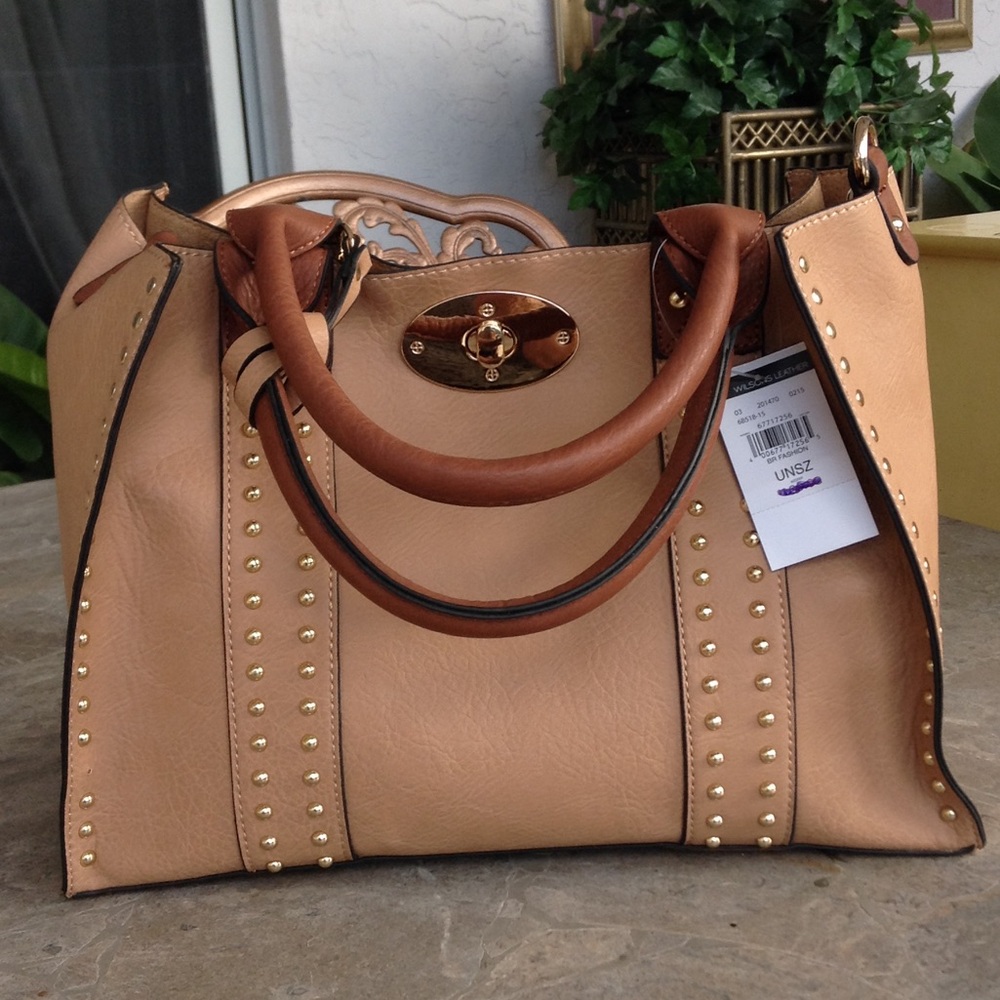 Wilsons Leather Tan and Brown Studded Tote Bag